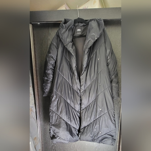 Zara Black Water Repellent Hooded Long Double Breasted Puffer Coat - Picture 1 of 16